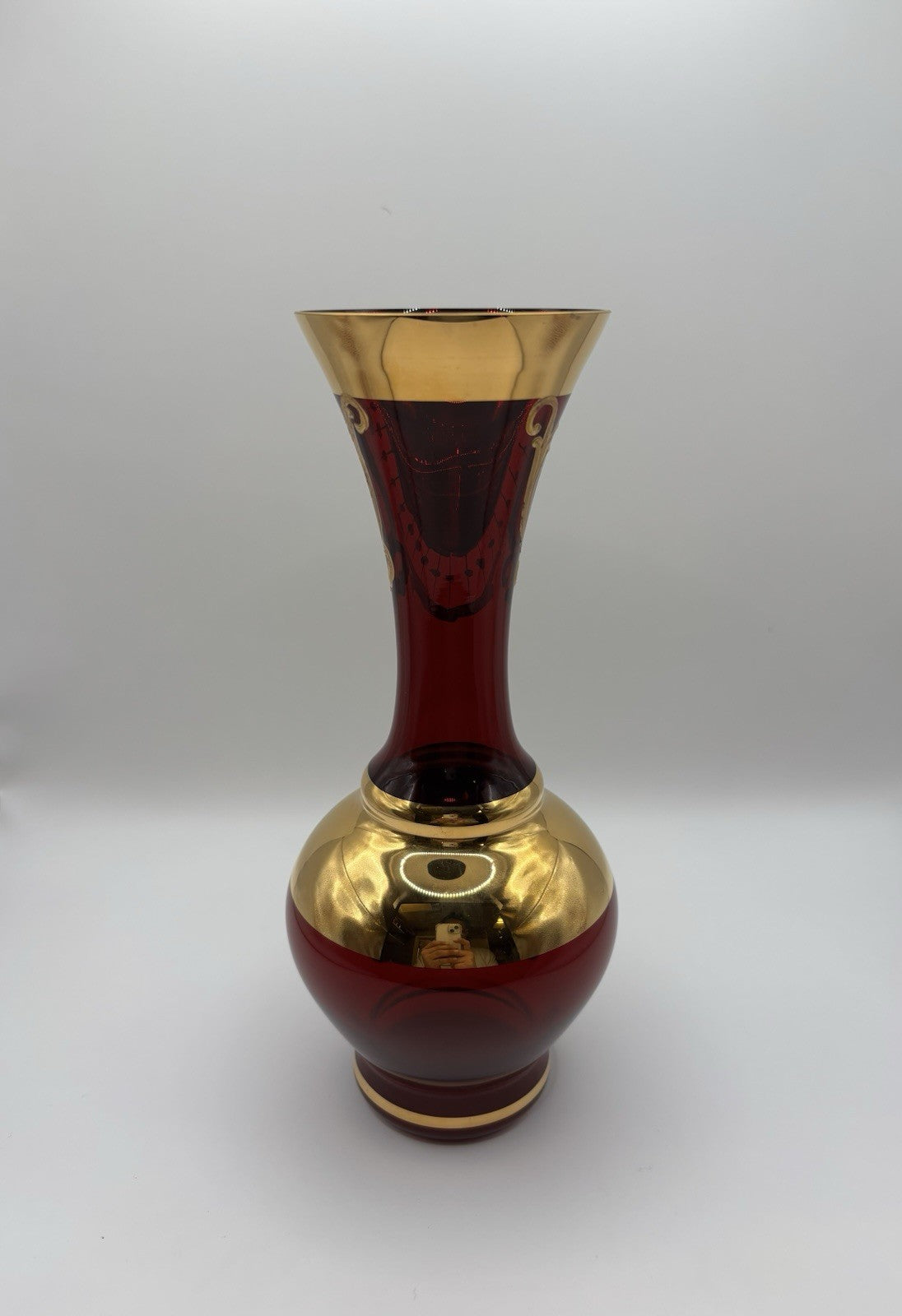 BEAUTIFUL CRYSTAL RUBY RED VASE GILDED RAISED ENAMEL MADE IN CZECH BOHEMIA