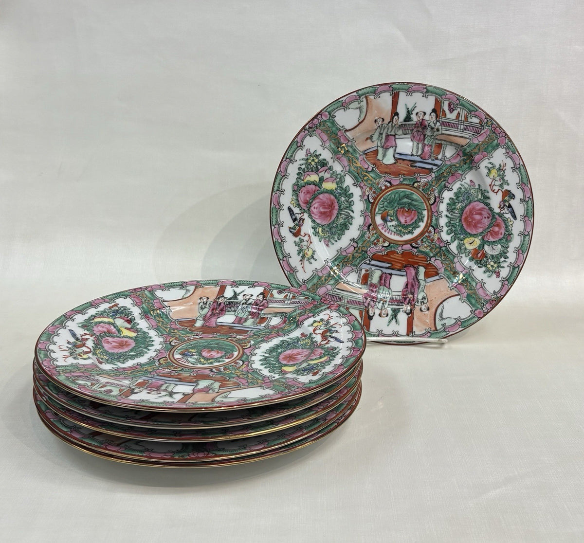 Rose Medallion Chinese Famille Dinner Plate 10 Inch Round Set of 6 Vintage