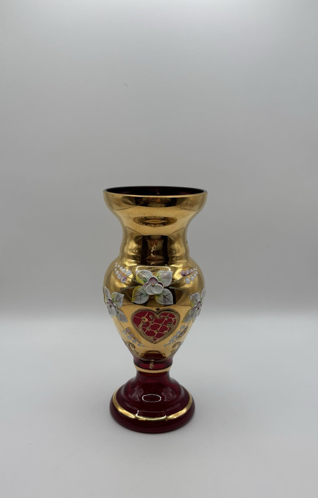 CZECH BOHEMIAN CRYSTAL RUBY RED VASE GILDED RAISED ENAMEL 6.3”