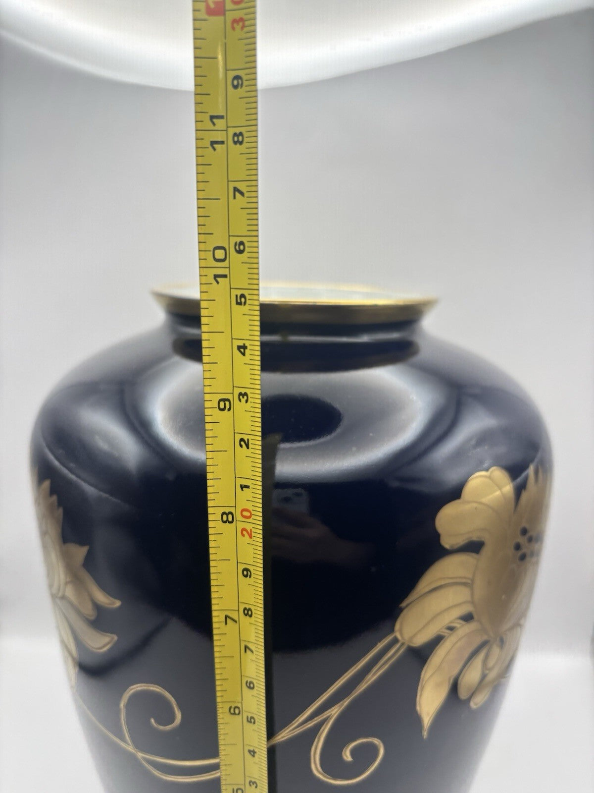 Vtg Large Porcelain Pottery Vase Deep Cobalt Blue w/Gold Flowers Signed