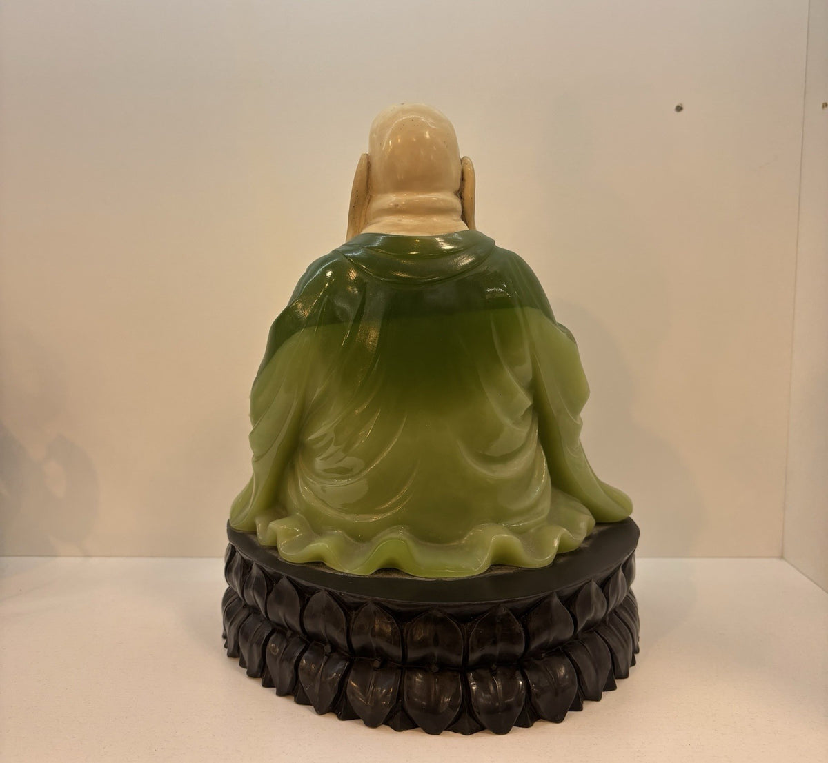 Artificial Jade Powder Buddha, Green and Beige Fat Buddha, 9.5"