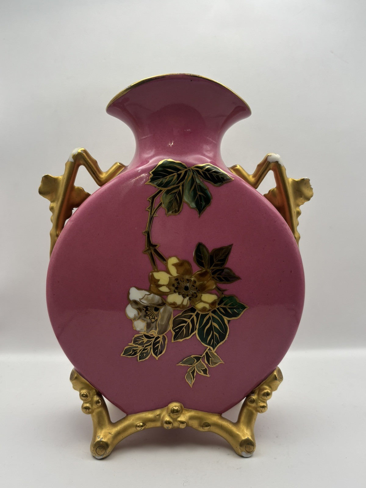 Antique Pink Porcelain Vase Hand-Painted Floral Design Gold Trim 9.1” Tall