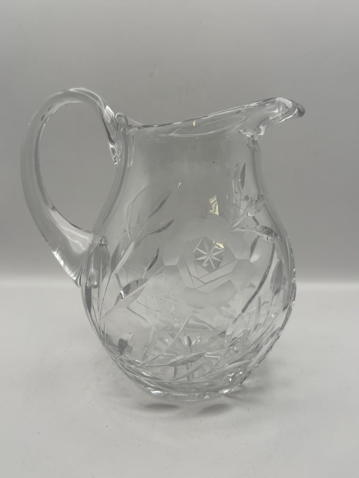 Vintage Cut Glass Crystal Pitcher with A Frosted Floral Design 7" Tall