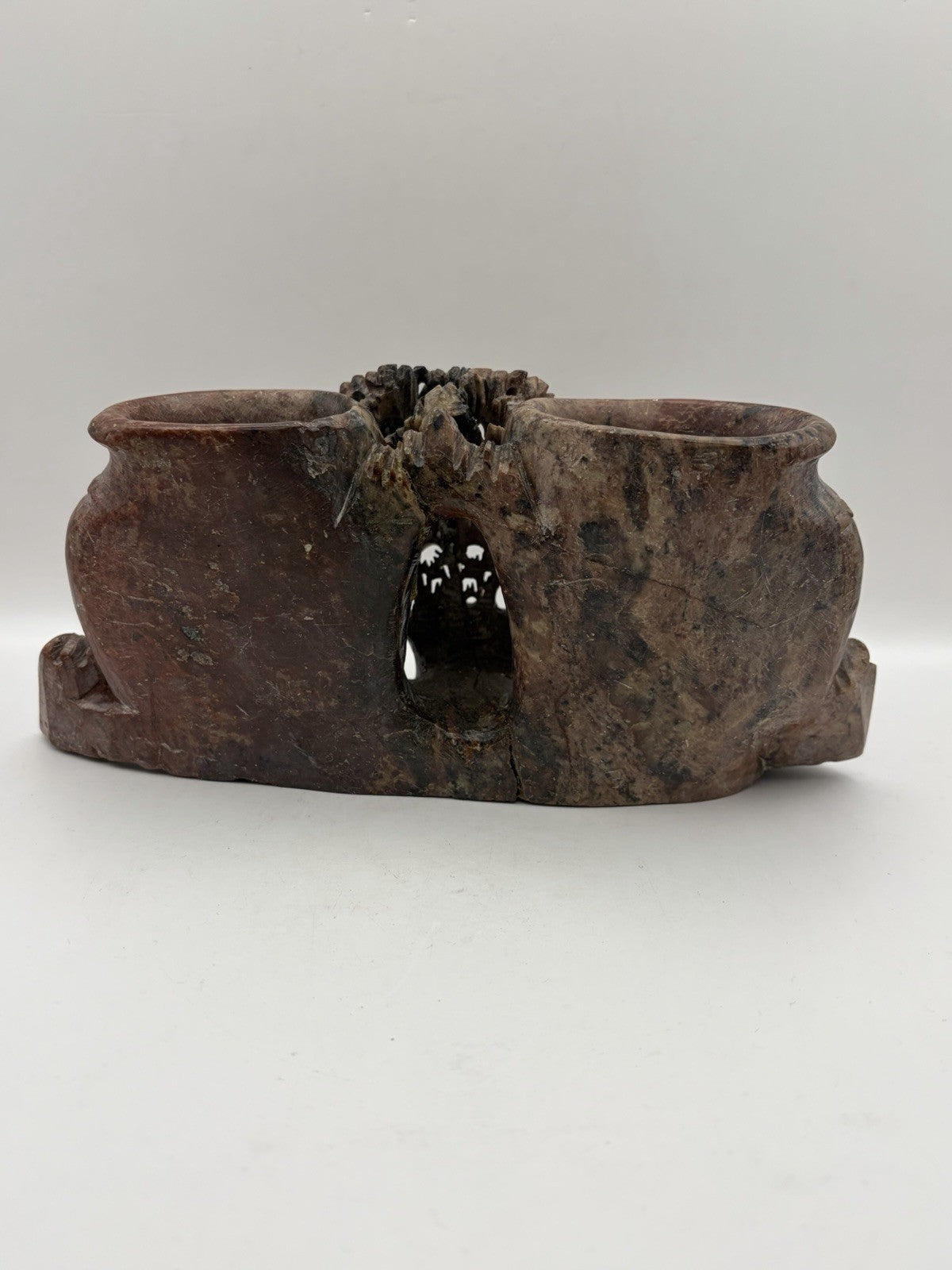 Vintage Chinese hand-carved soapstone double vessel and floral sculpture