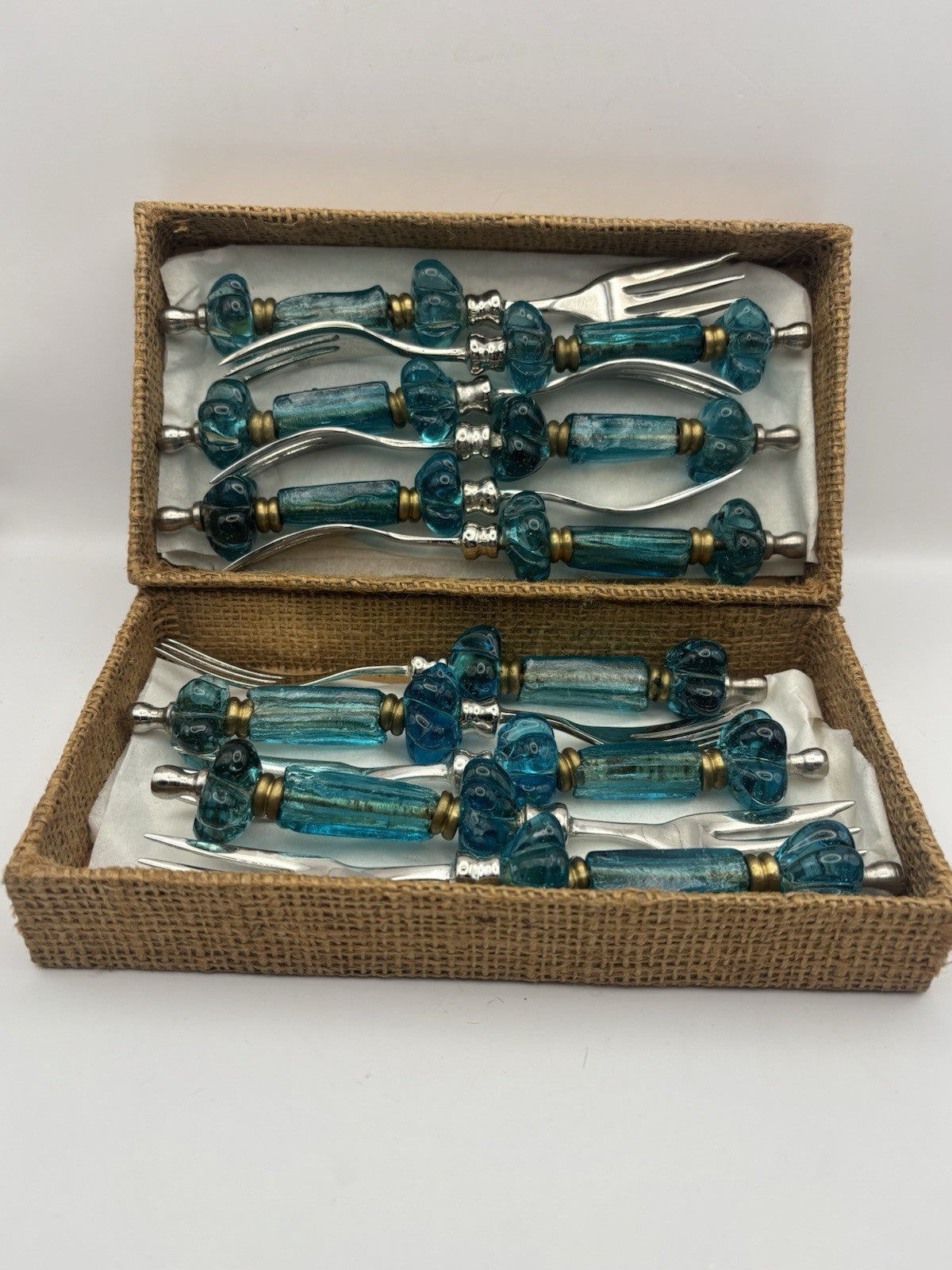 Vintage Turquoise Art Glass Beaded Salad Serving Set Fork W Box