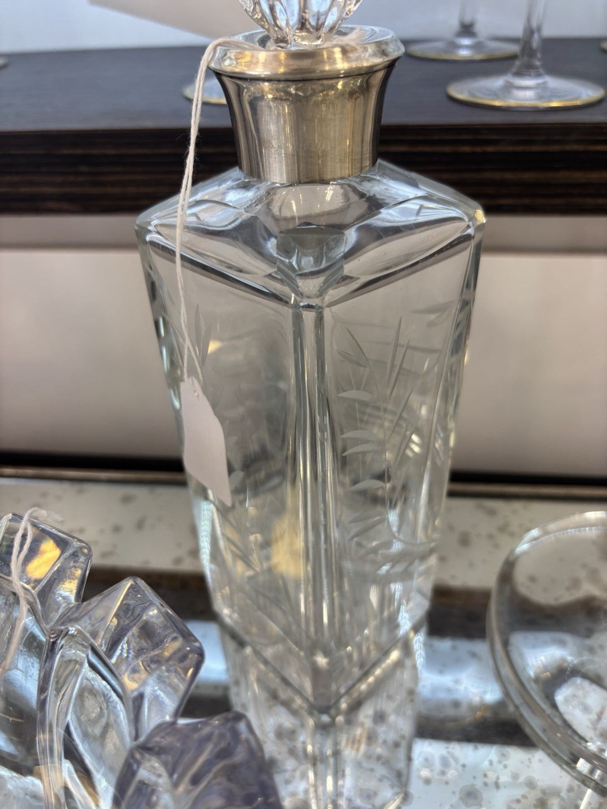 Magnificent cut crystal decanter w a sterlingsilver ram 10.7”