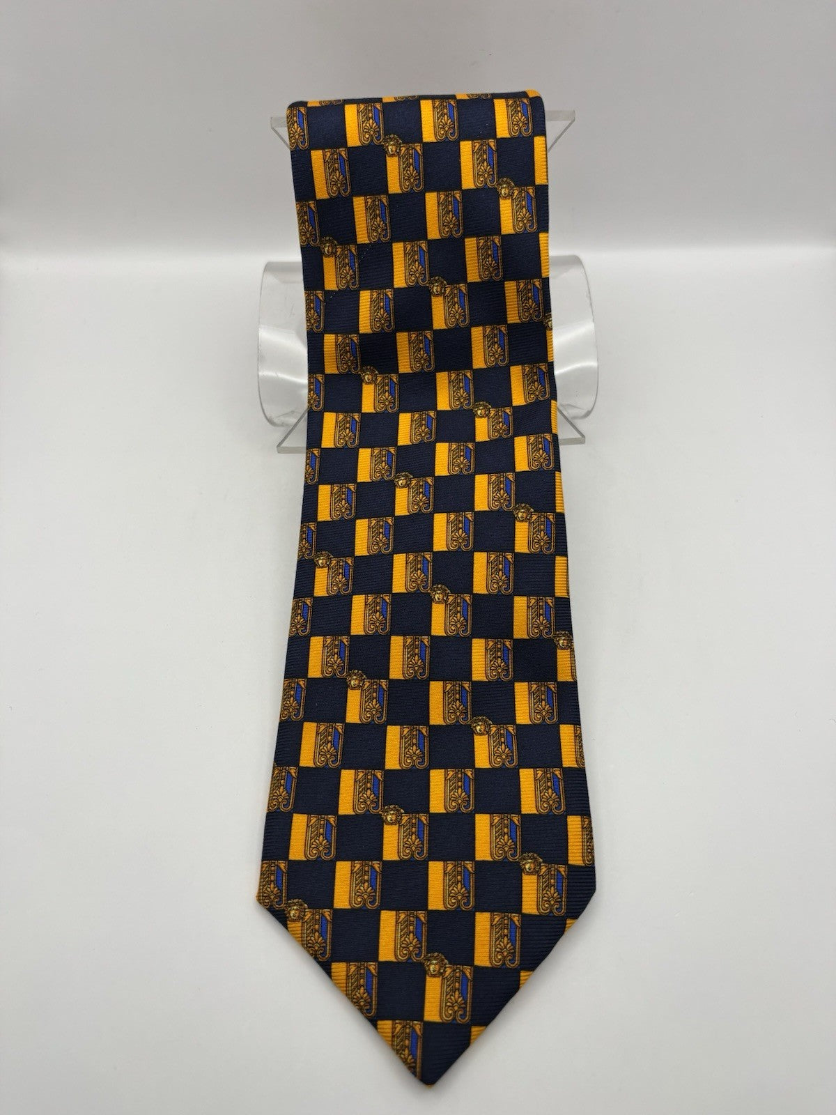 Gianni Versace Necktie 100% Silk Checkerboard Pattern with Gold and Blue. New