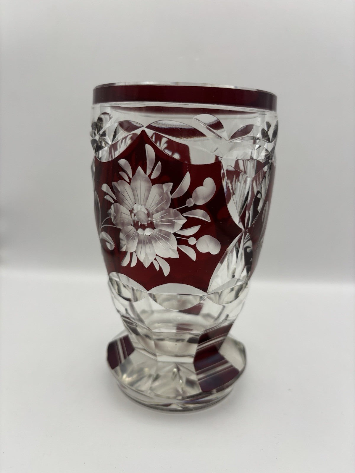 Vintage Bohemian ruby red cut-to-clear glass vase 5.8”