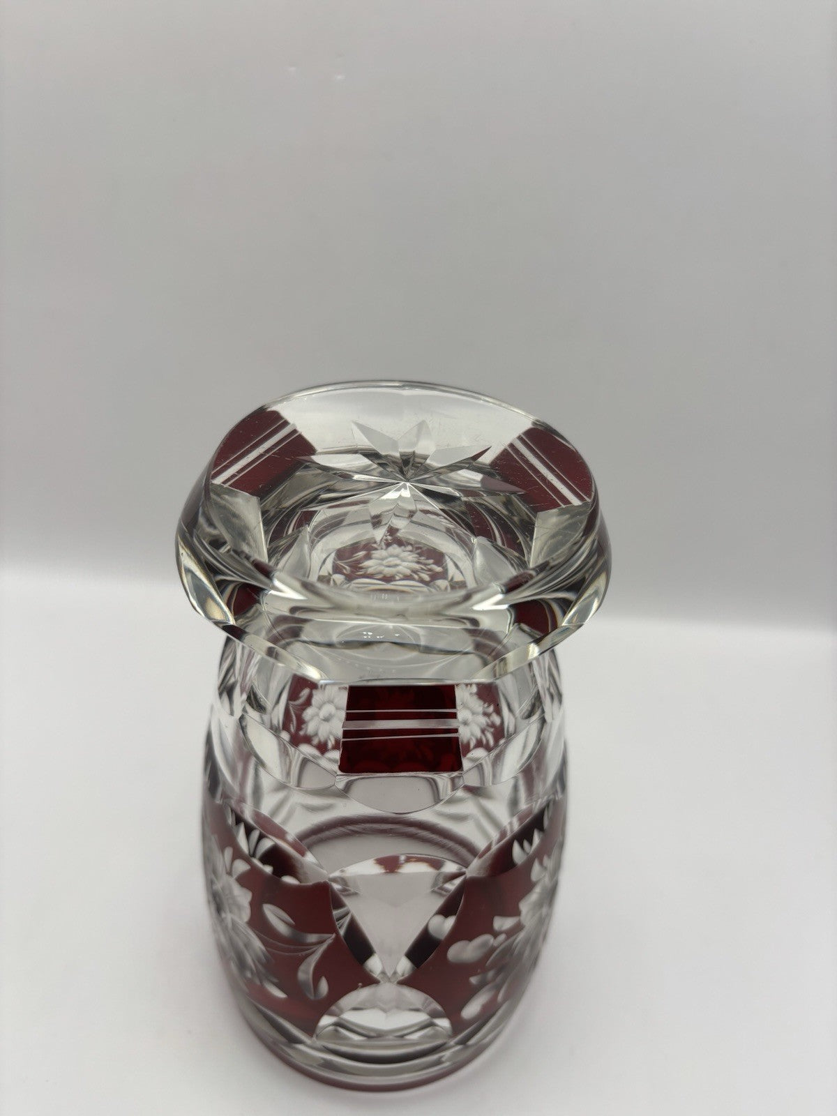 Vintage Bohemian ruby red cut-to-clear glass vase 5.8”