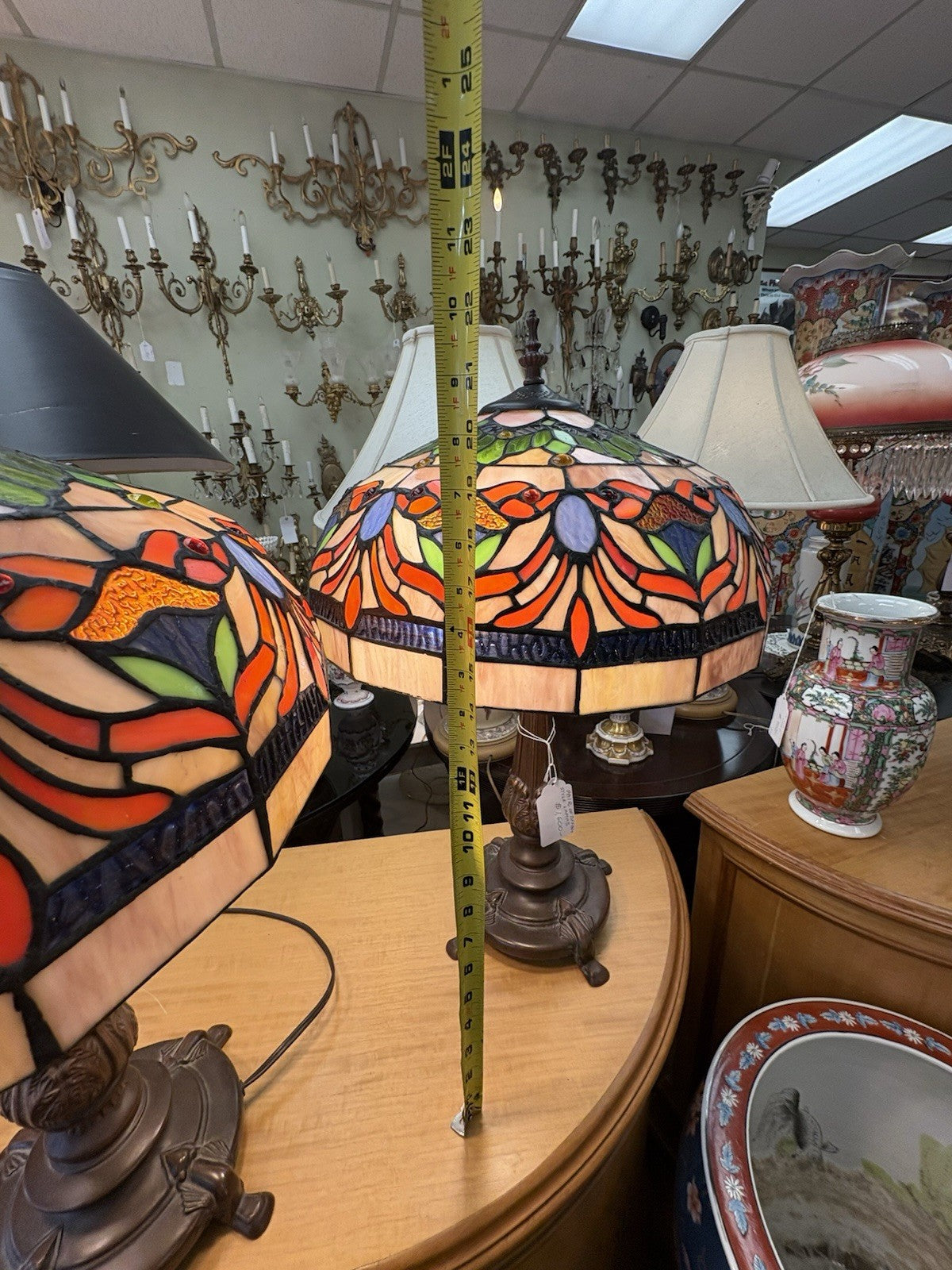 Tiffany-style Stained Glass Table Lamps Featuring A Vibrant Floral Design 10”
