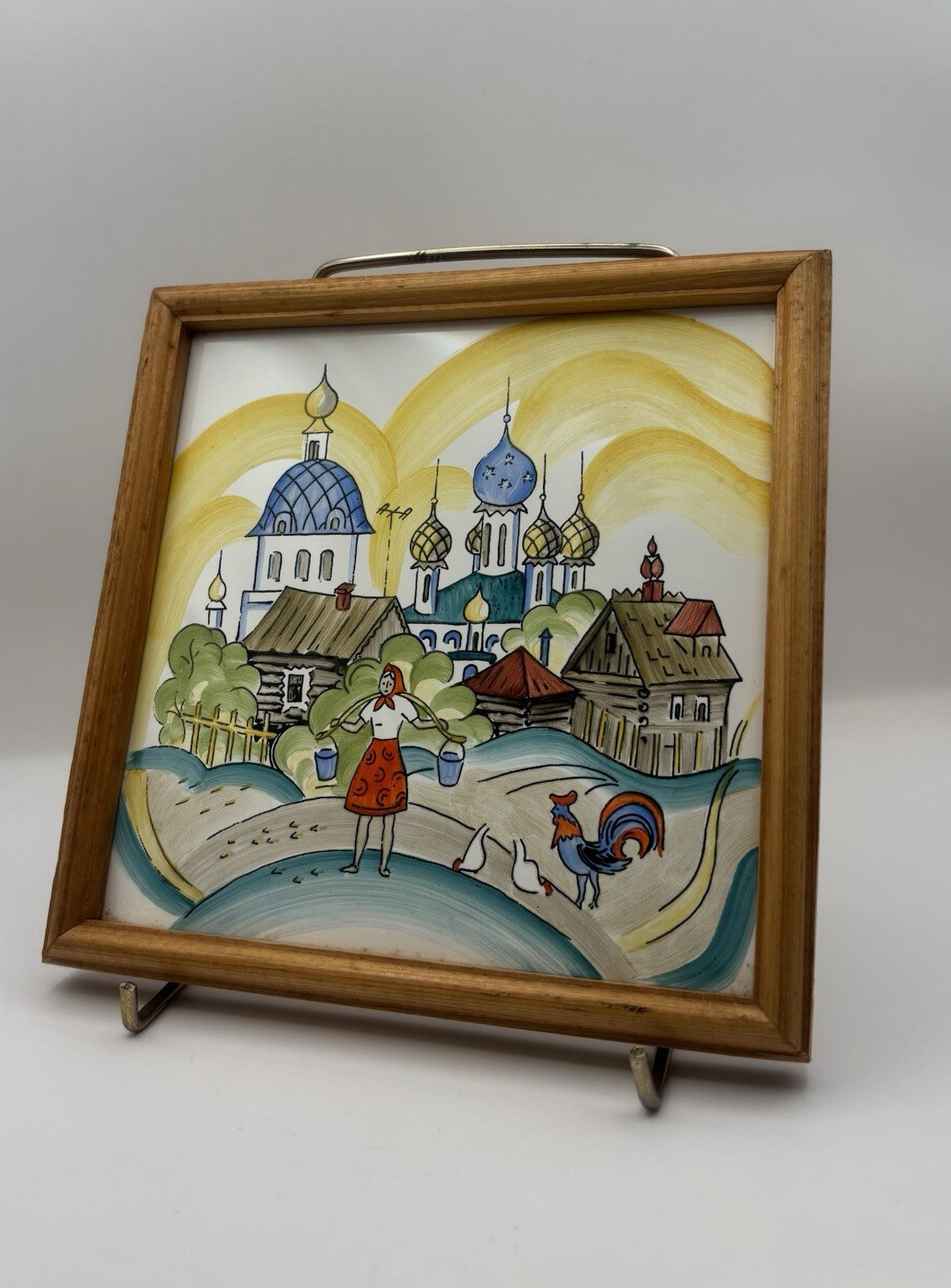 Russian Vintage Hand-Painted Metal Hanging Tile Art Framed. Signed.  6.5”
