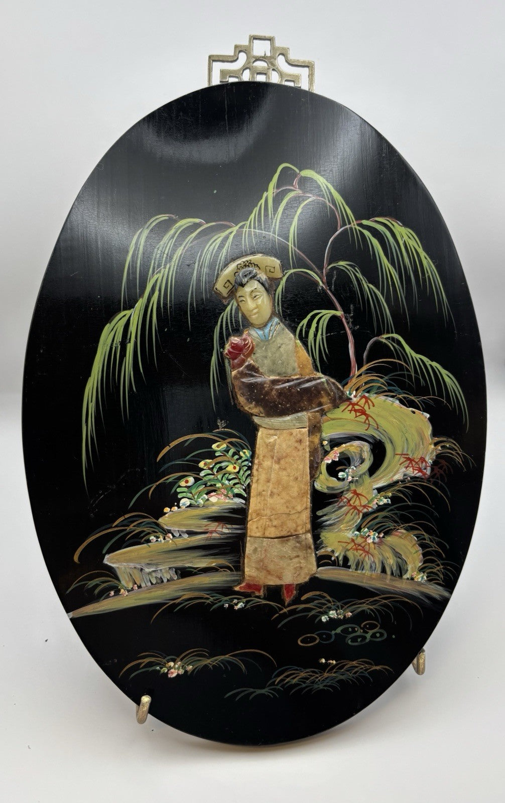 Vintage Oriental Asían Oval Wall Art Framed Hand Painted Wood
