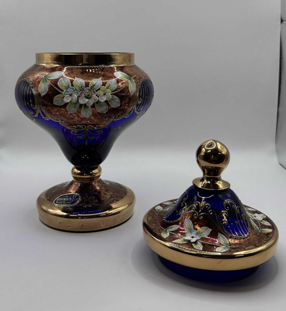 Bohemia Art Cobalt Decorative Vase with Lid Made In Czech