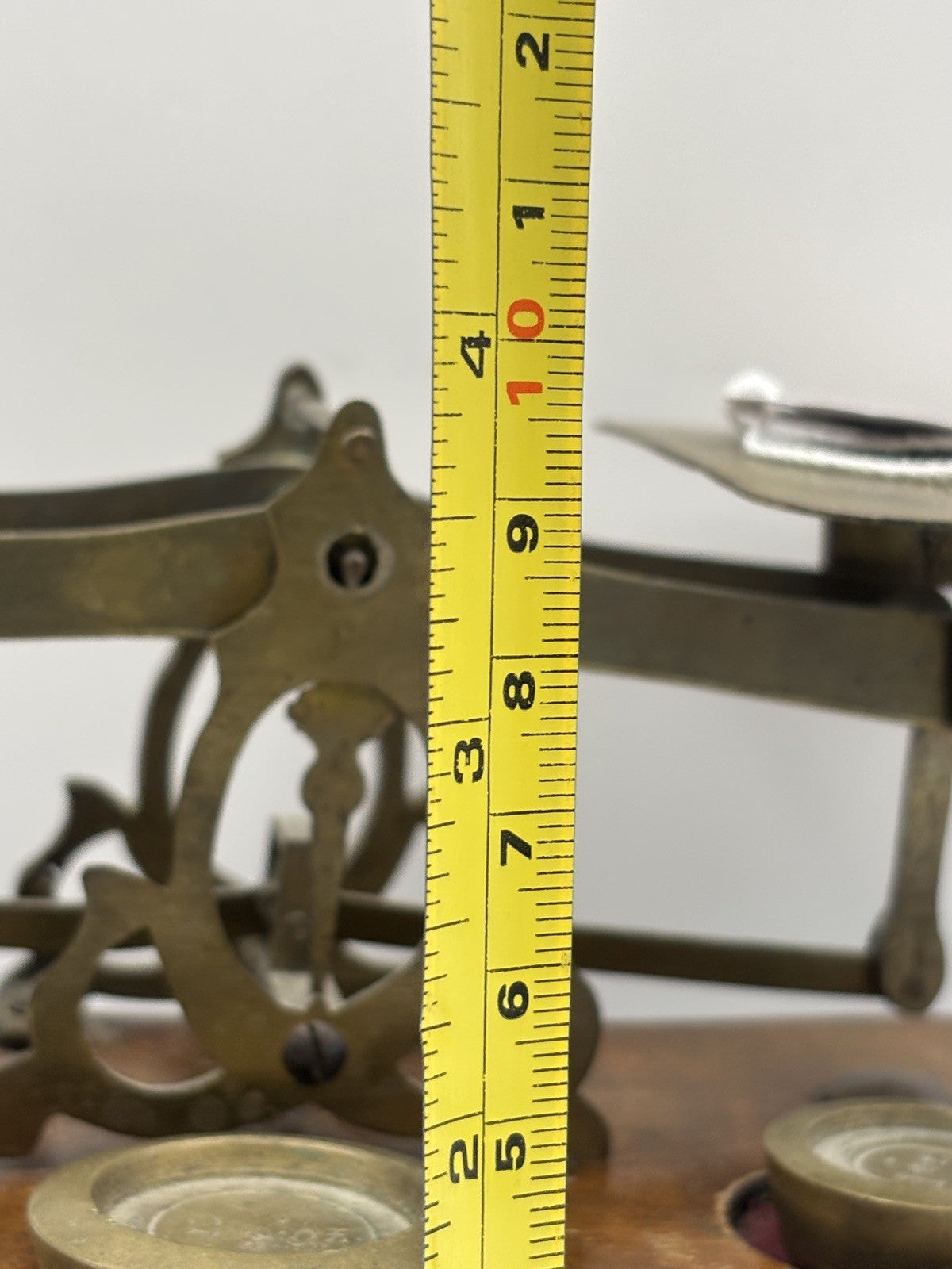 Antique Victorian English Brass & Wood Desktop Postage Scale & 3 Weights