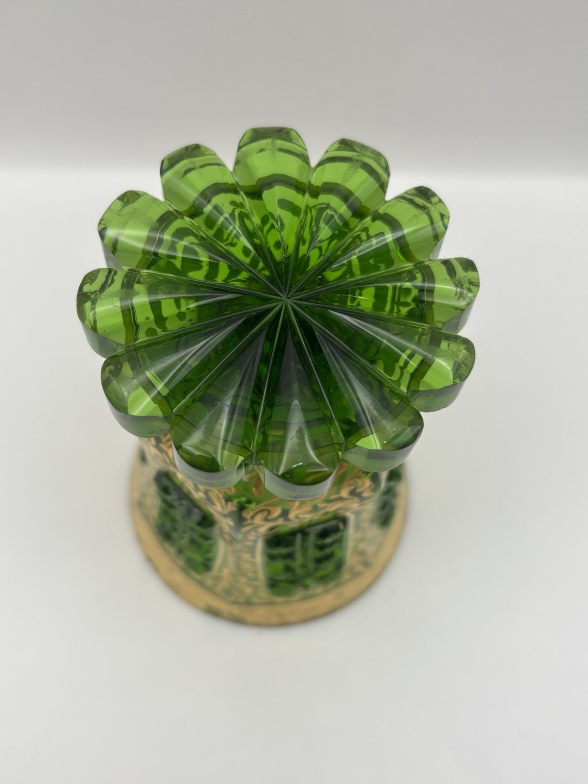 Bohemian Czech glass vase featuring hand-painted gold trim and panels 5.1”
