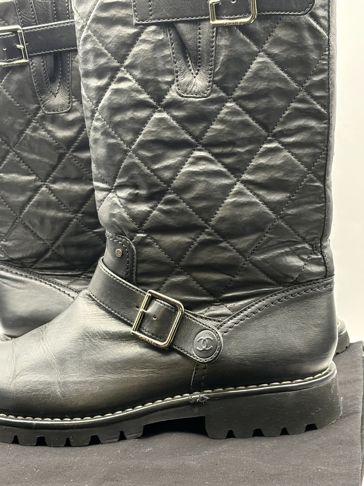 CHANEL CC Logo Quilted Black Leather Moto Biker Combat Boots Size 39