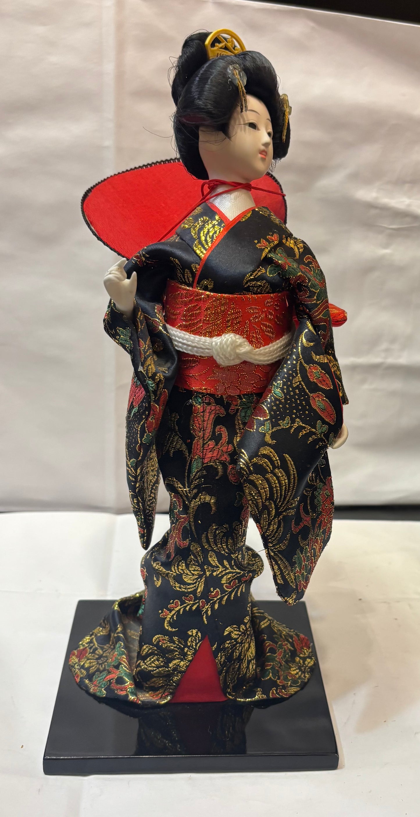 Vintage Japanese Geisha Girl Doll Traditional Kimono 13" Cloth Wood Stand Fan