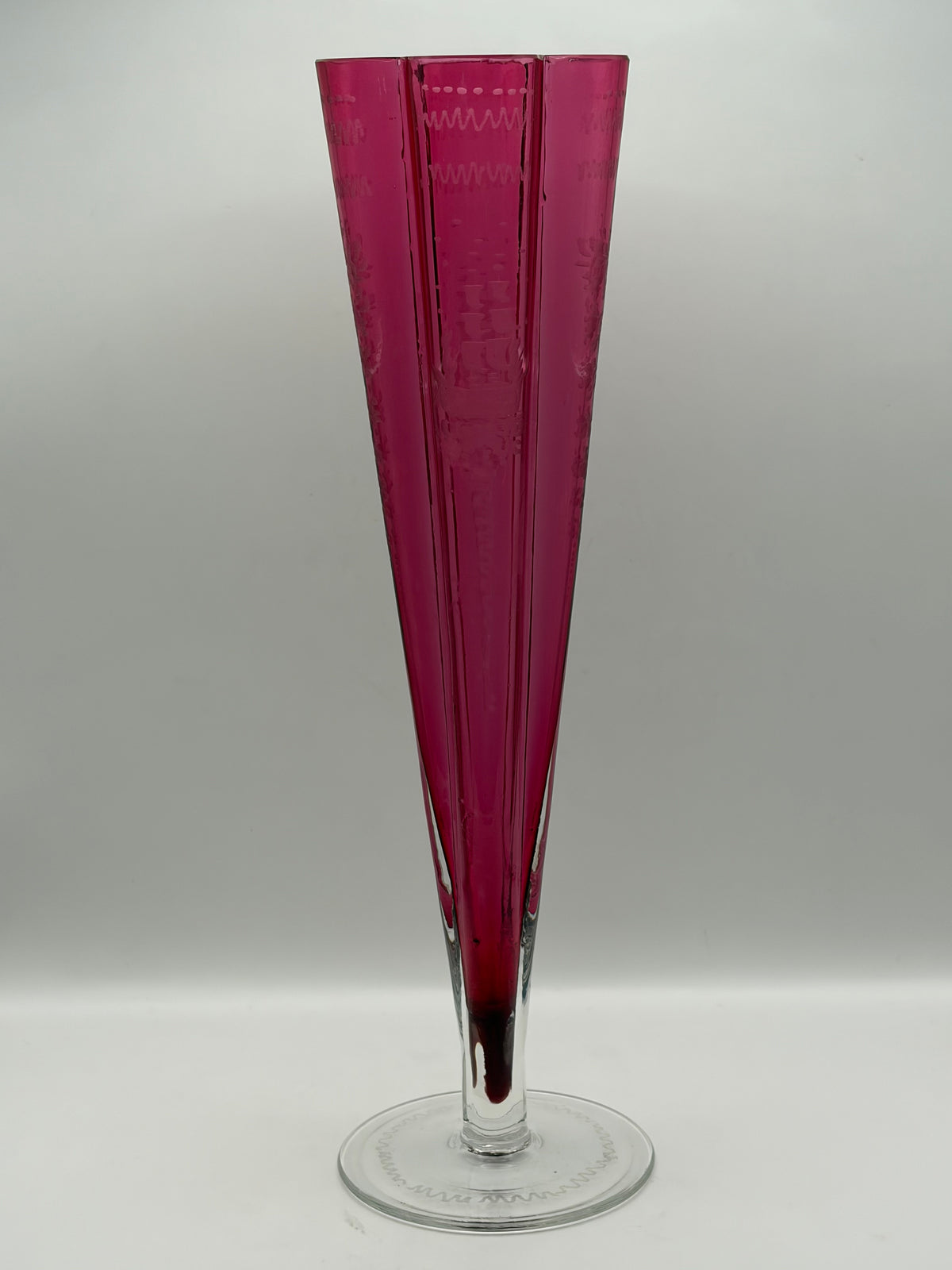 Zodad Pink Art Glass Vase Etched Abstract Design Clear Foot 12 in H 7 in L