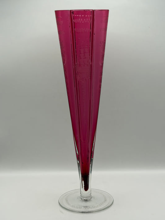 Zodad Pink Art Glass Vase Etched Abstract Design Clear Foot 12 in H 7 in L