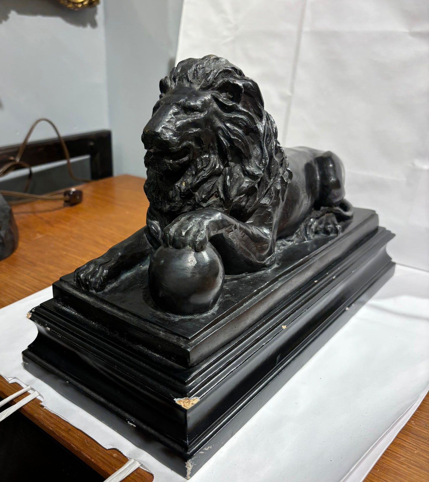 Vintage Resin Black Lion on Stand 12" X 9" Tall Almost