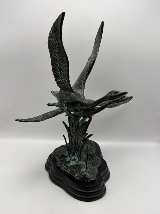 Beautiful Gatco Solid Brass Statue - 2 Birds Flying on Wood Base