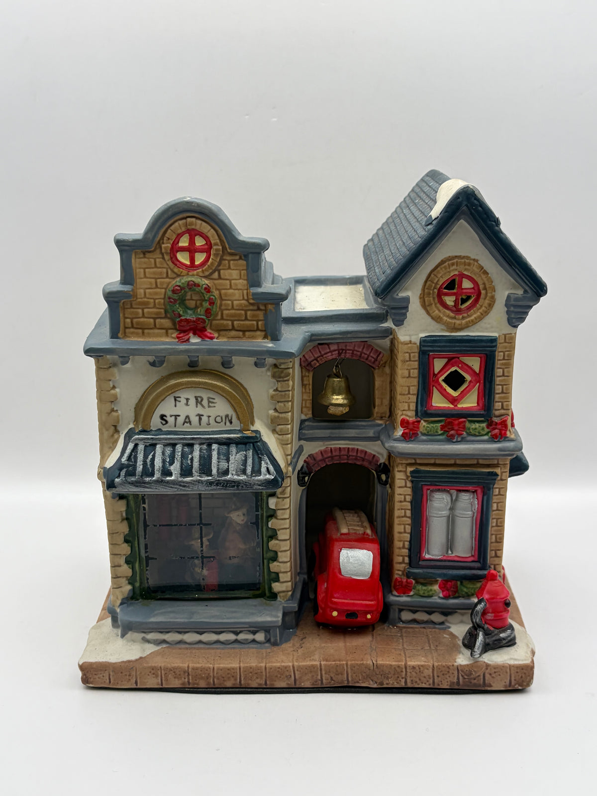 Ceramic Holiday Village Fire Station House Building Figurine w/ Red Truck 7in