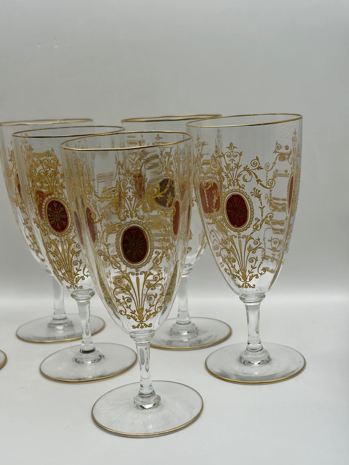 Bohemian Set of 9 Stemmed Wine Glasses Clear Gold Rim Floral Scroll Red Medallion