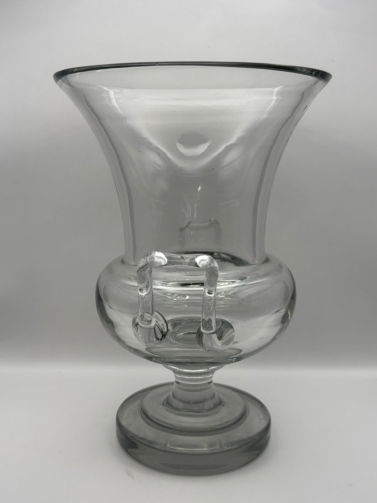Clear Glass Pedestal Vase With Side Handles Flared Rim 11 in