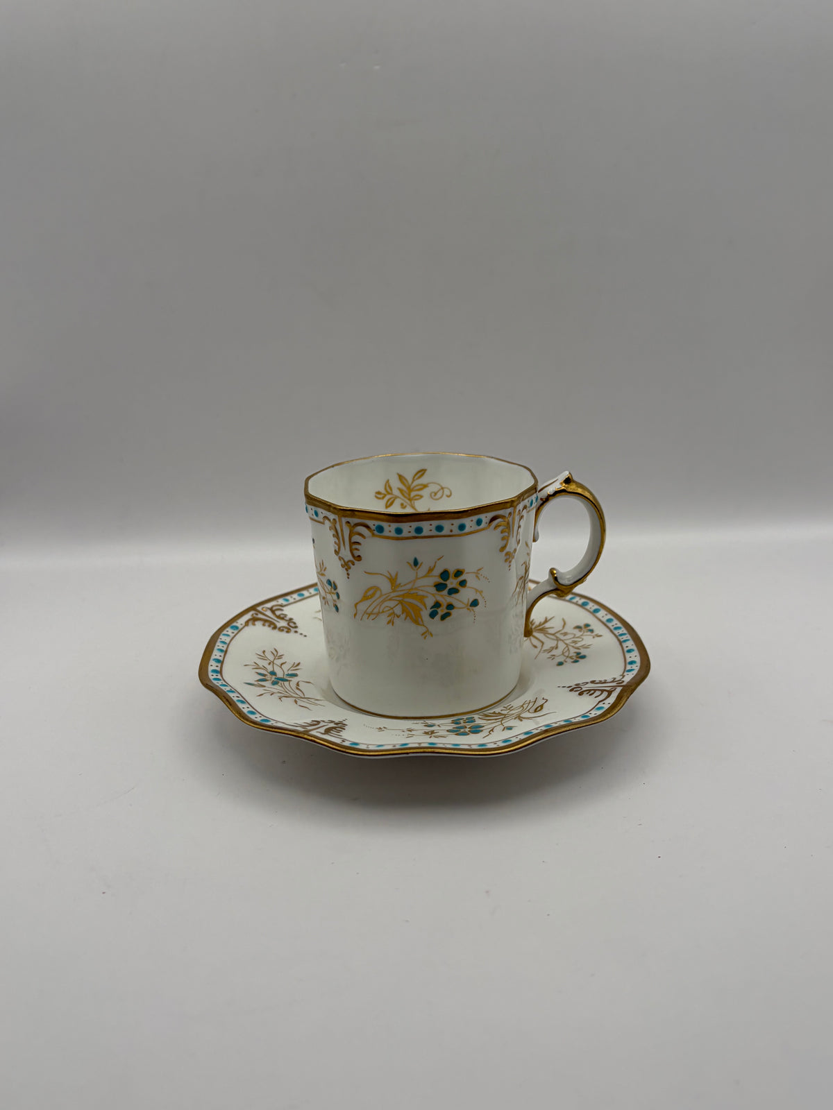 Royal Crown Derby Normandie Bone China Cup & Saucer 8 oz White Gold Blue A114