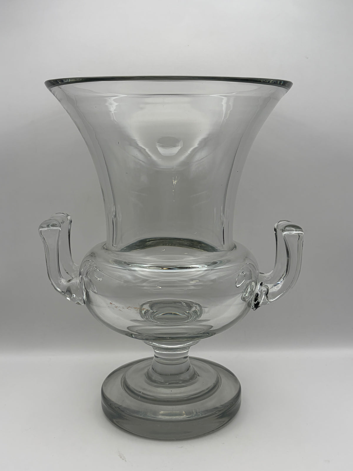 Clear Glass Pedestal Vase With Side Handles Flared Rim 11 in