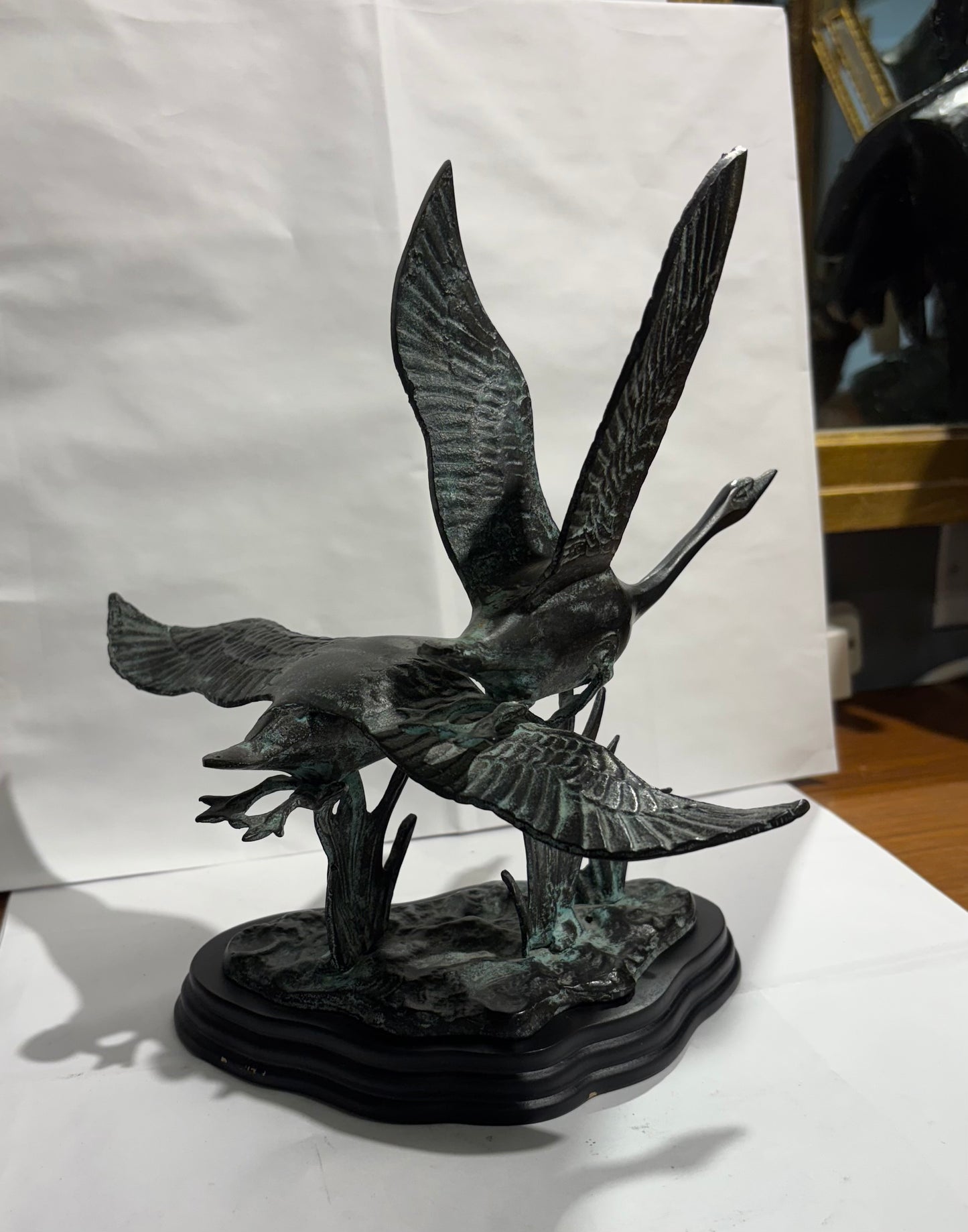 Beautiful Gatco Solid Brass Statue - 2 Birds Flying on Wood Base