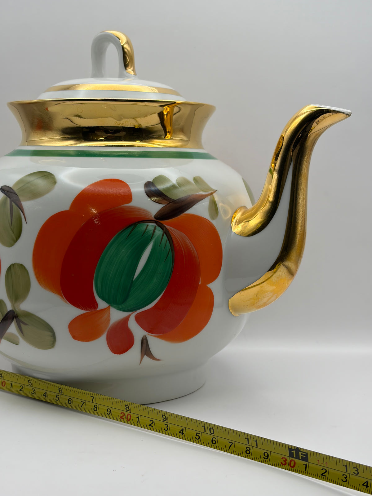 Vintage porcelain  Tea Pot Floral Pattern White Green Band Gold Trim Lid agaski