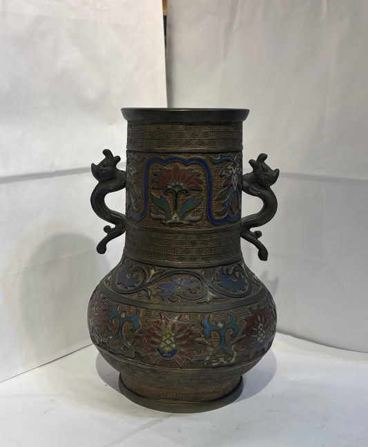 Antique Etched Brass Bronze Champleve Enamel Flowers Vase, Cloisonne Urn with Dragon Side Handles, Greek Key Pattern, Japan 1800s - 1920s
9 1/2