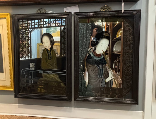 Pair of Old Large Chinese Export Painting on Reverse on Mirror