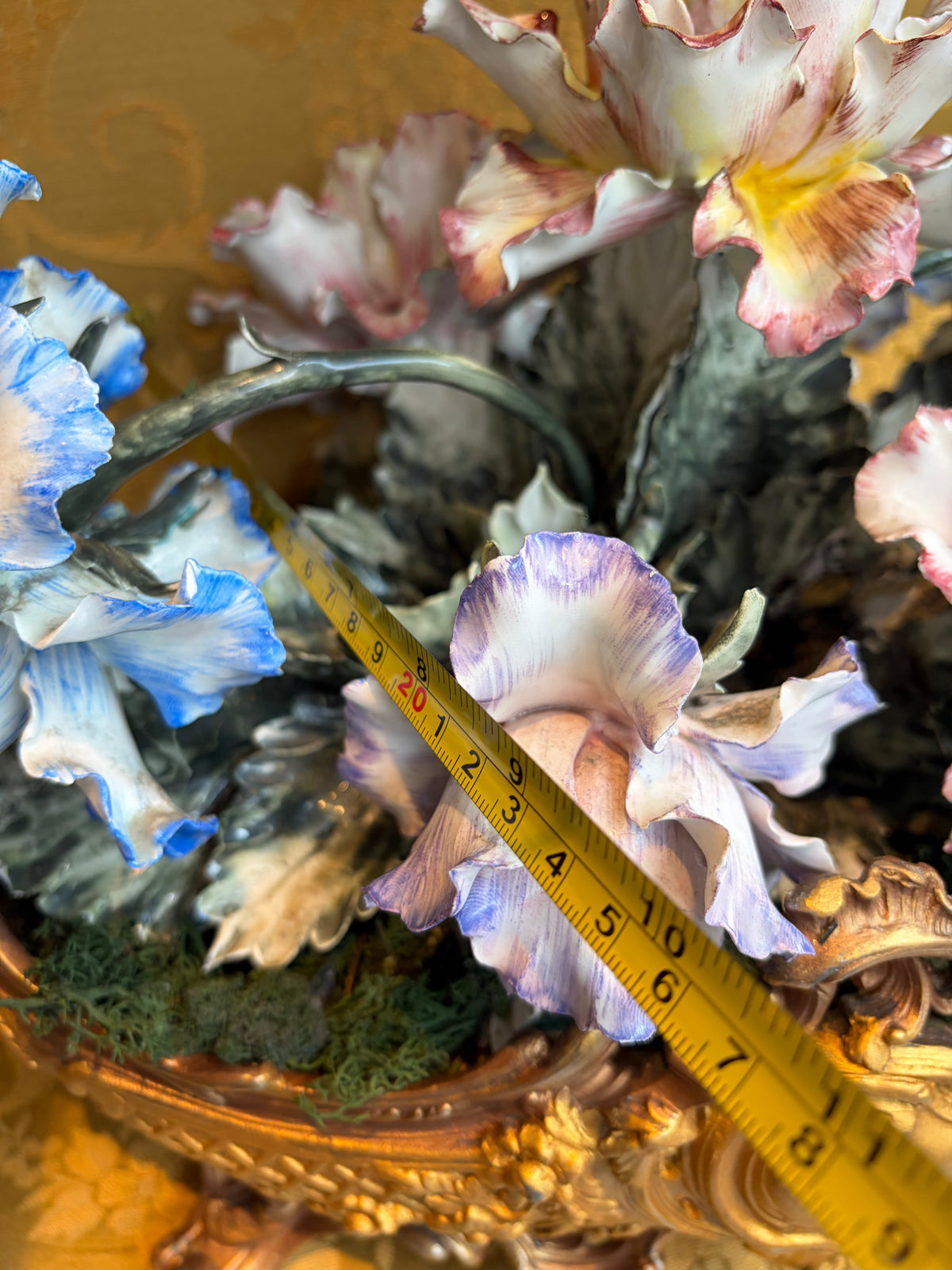 Gold-Tone Metal Floral Centerpiece Bowl w/ Pink/Blue/White ceramic Flowers
