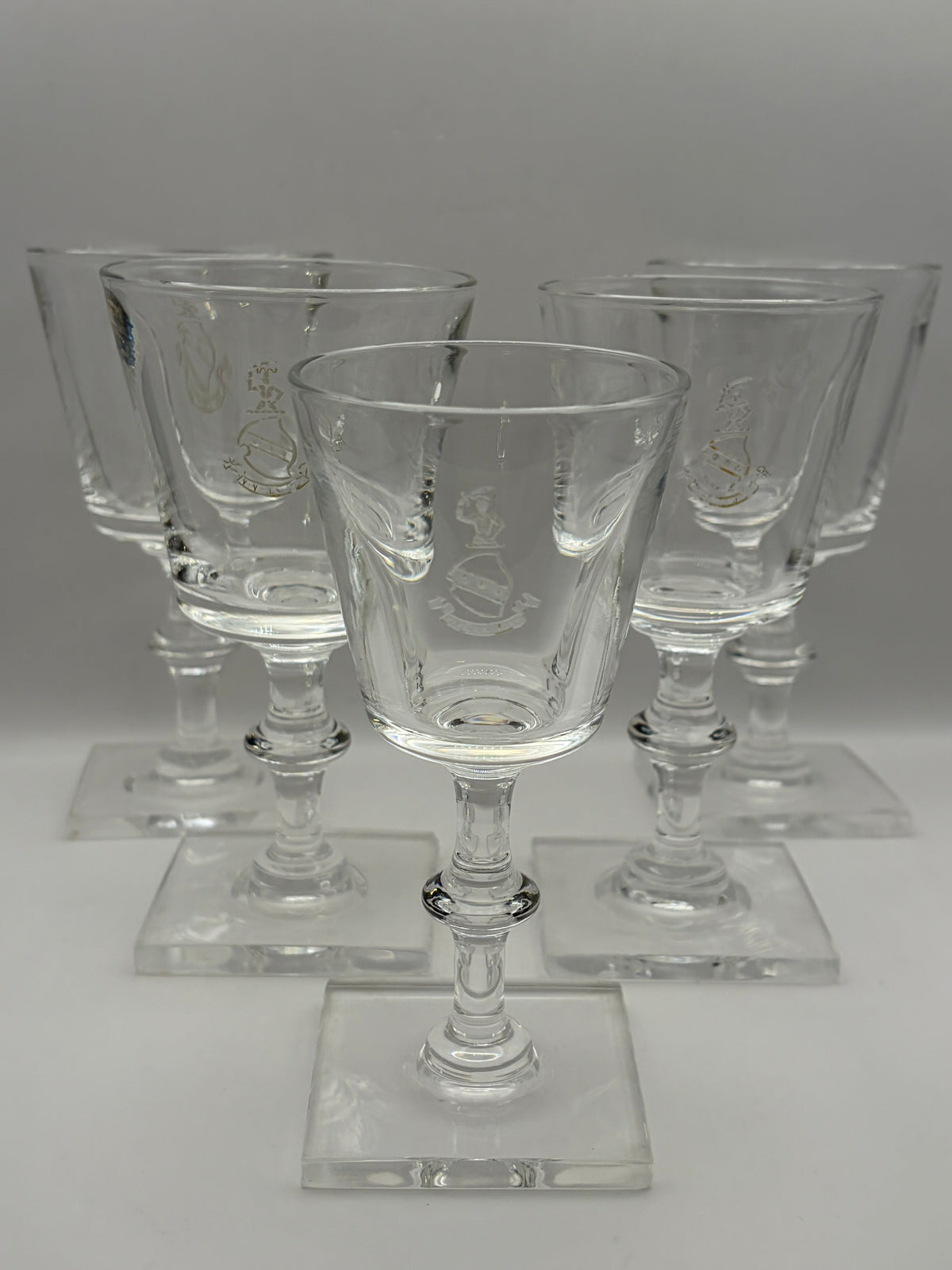 Steuben Clear Etched Santa Wine Glasses Set of 5 Square Base 10 oz 6 in