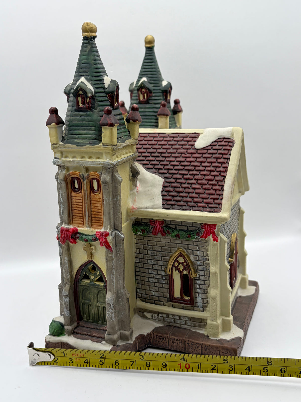 Christmas Village Ceramic Church Building Twin Towers, Painted, 8in Multicolor