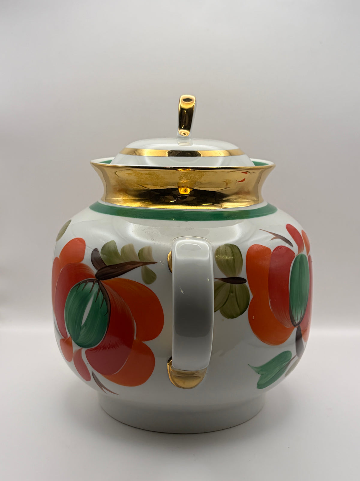 Vintage porcelain  Tea Pot Floral Pattern White Green Band Gold Trim Lid agaski