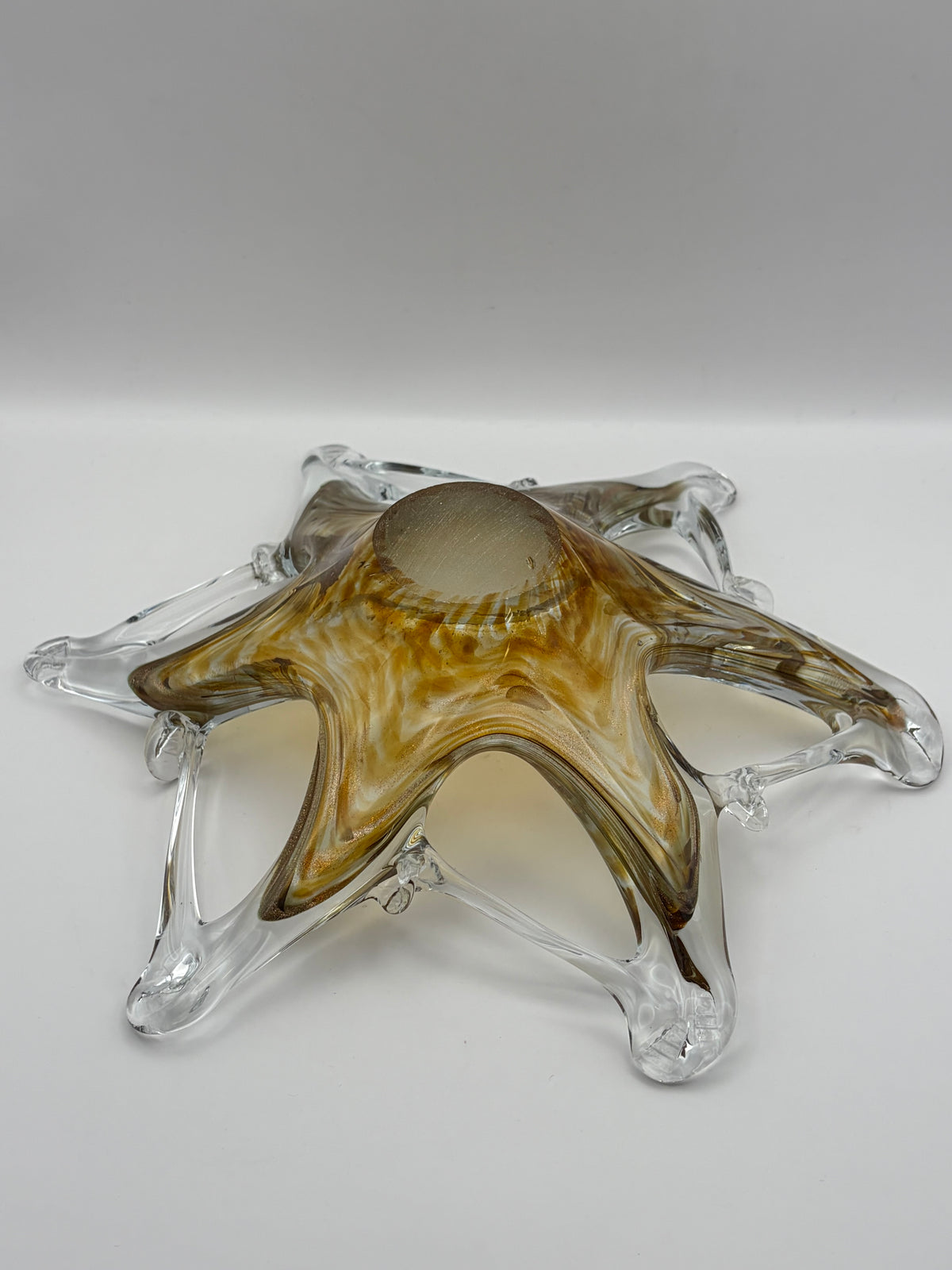 Clear & Amber Swirl Art Glass Star Decorative Bowl Hand Blown 10" Dia 3" H