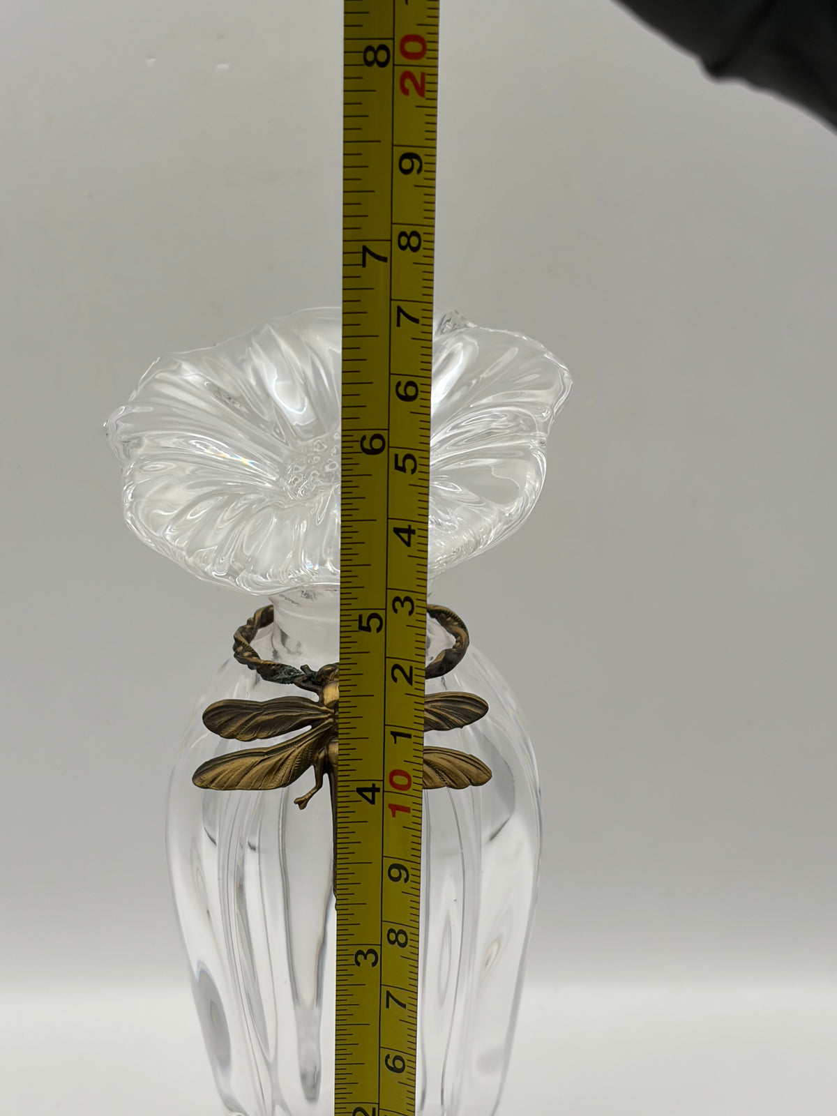 Decorative Clear Glass Perfume Bottle with Flower Stopper & Dragonfly Accent