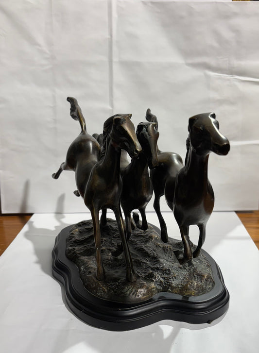 3 Galloping Horses bronze Statue - Wood Base sculpture - Heavy