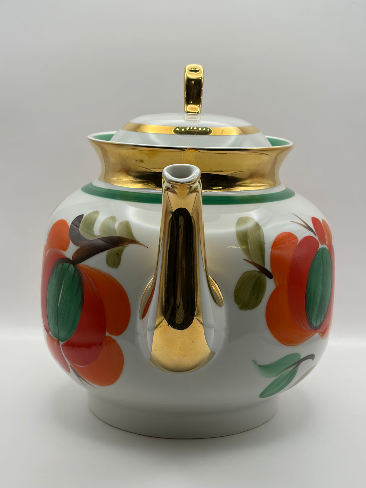 Porcelain Floral Teapot w/ Lid Gold Trim Round Handles Painted Backstamp 7 in