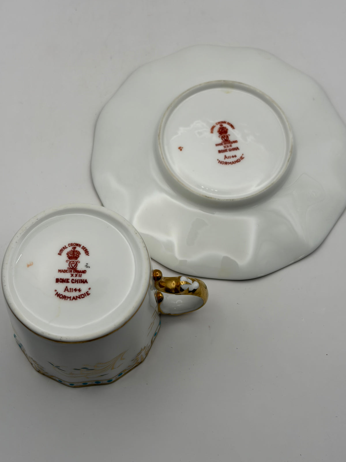 Royal Crown Derby Normandie Bone China Cup & Saucer 8 oz White Gold Blue A114