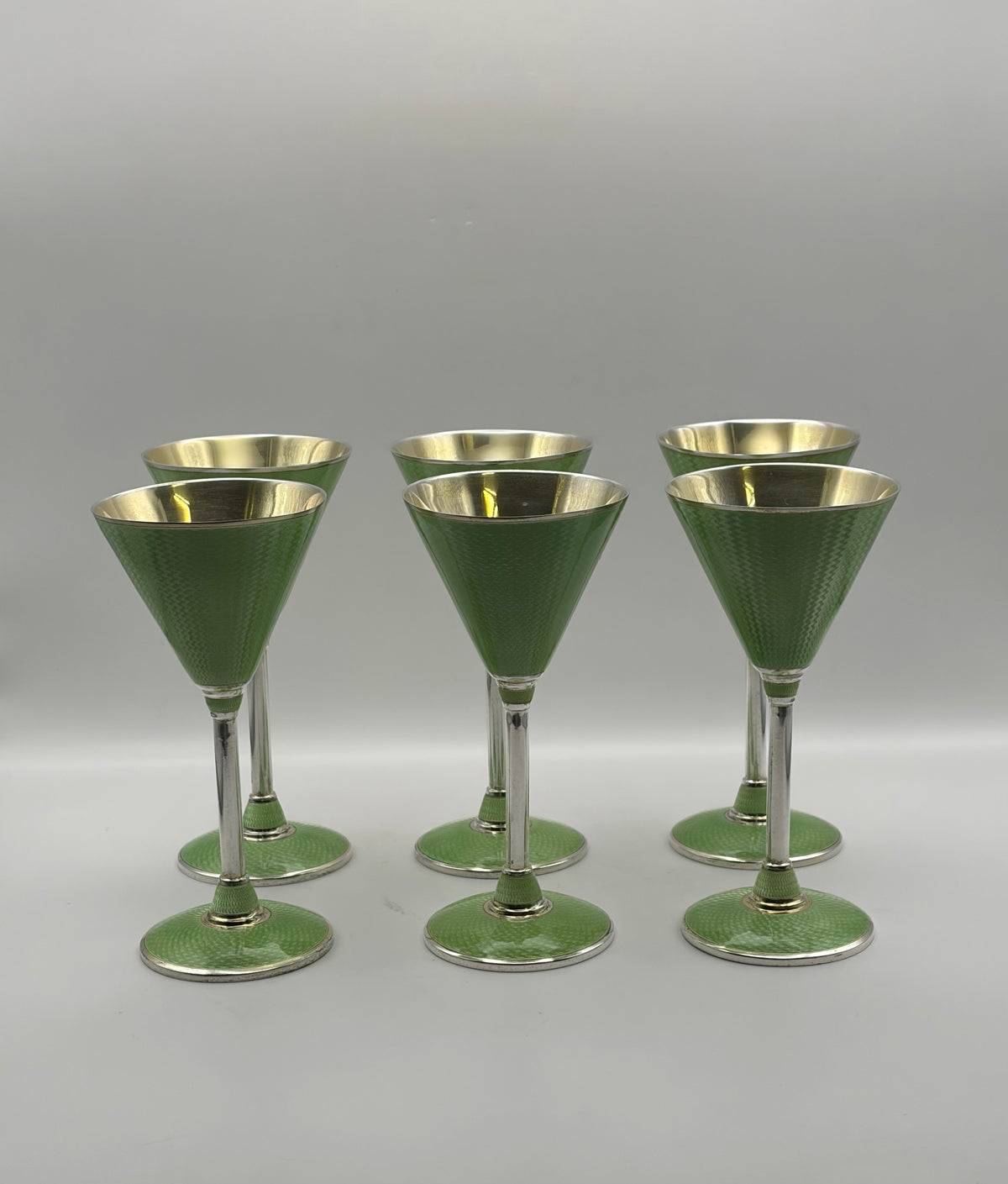Vintage Germany Art Deco beautiful green guilloché enamel set STERLING SILVER