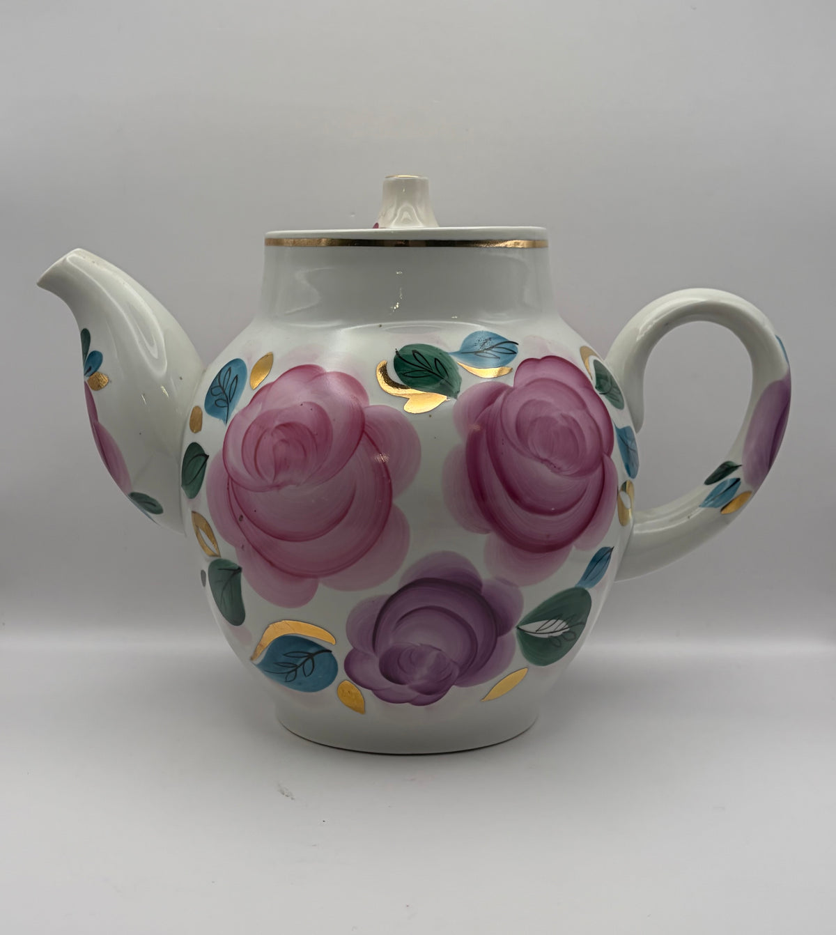 Ceramic Tea Pot Floral Rose White Pink Purple Gold Trim Lid Handle 4 Cup
