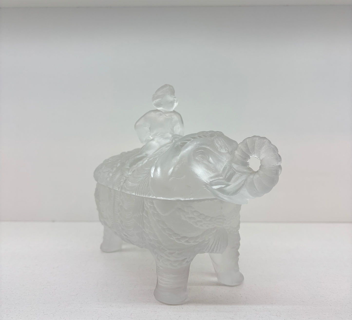 Vallerysthal Glass Elephant w Rider Covered Dish - Clear Frost