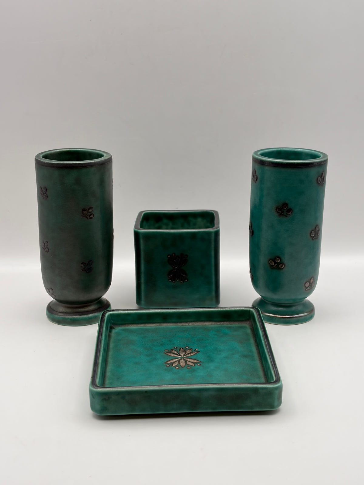 Gustavsberg Argenta Green Ceramic Floral Vase & Tray Set 3-Piece 1958