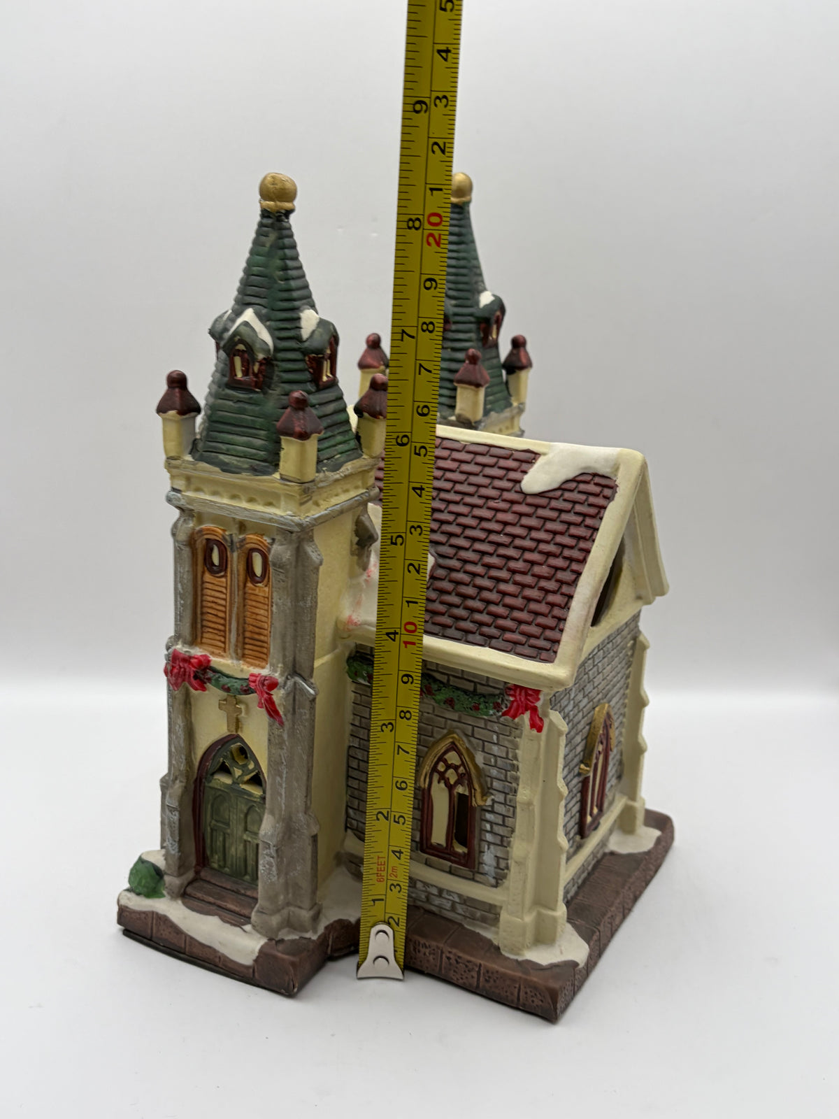 Christmas Village Ceramic Church Building Twin Towers, Painted, 8in Multicolor