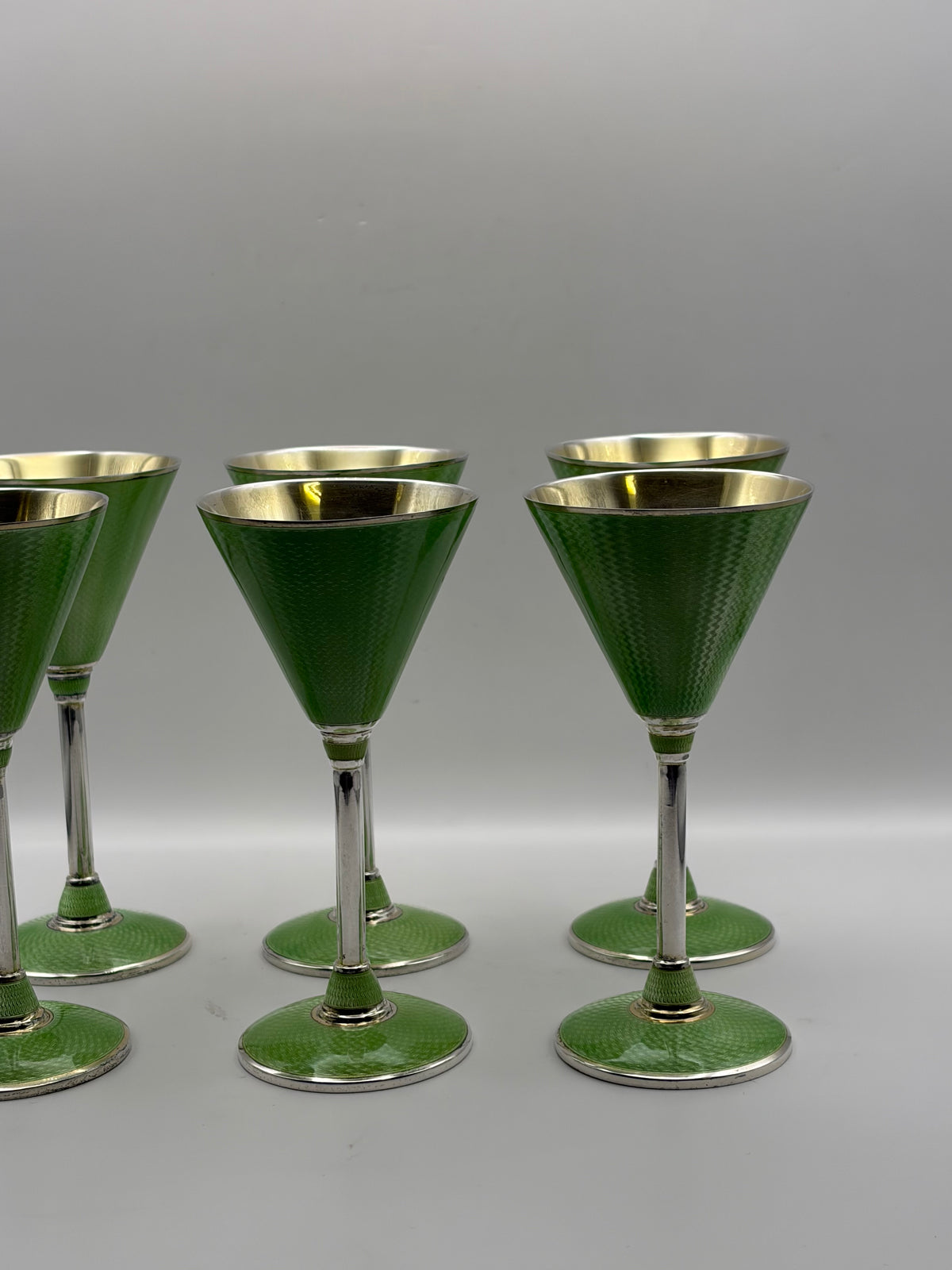 Vintage Germany Art Deco beautiful green guilloché enamel set STERLING SILVER