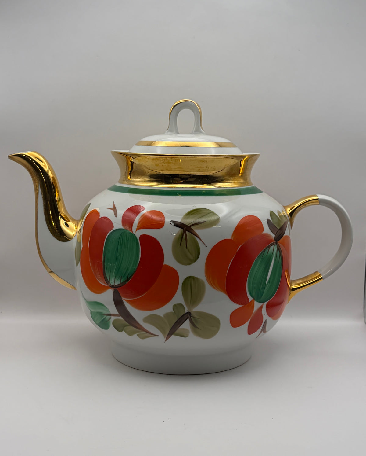 Vintage porcelain  Tea Pot Floral Pattern White Green Band Gold Trim Lid agaski